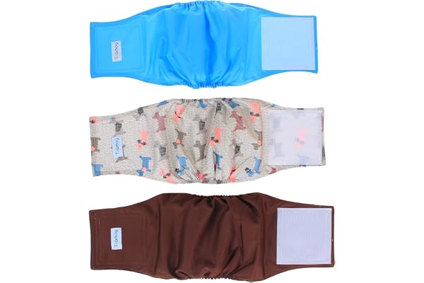Teamoy Reusable Wrap Diapers for Male Dogs, Washable Puppy Belly Band Pack of 3 (M, 13''-16''Waist, Light Blue+ Dogs +Coffee)