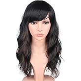 SYMEIW Black Wavy Wig With Brown Highlights For Women - Medium Long Synthetic Wig With Bangs For Daily Use (Black With Brown Highlights)