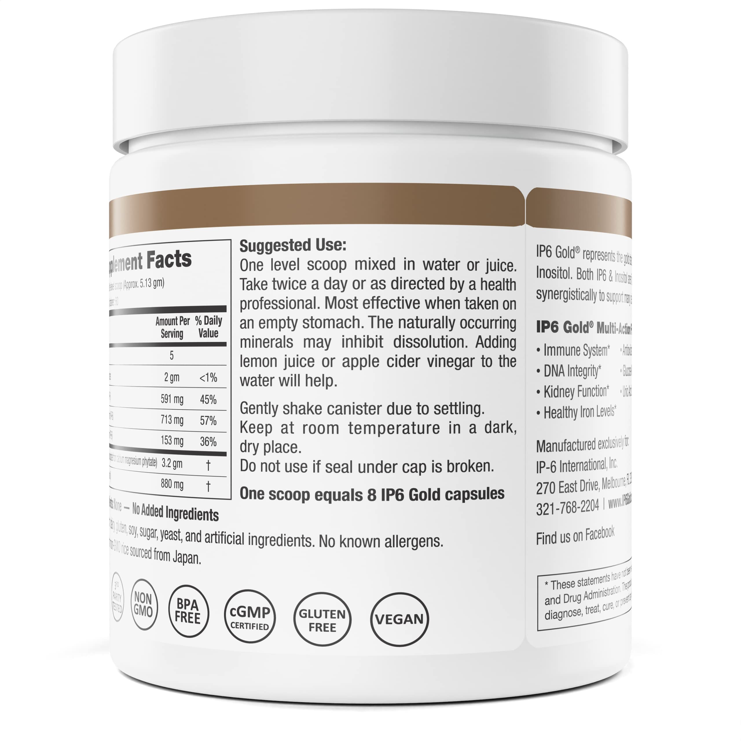 IP6 Gold, IP-6 & Myo-Inositol, Unflavored Powder 308 gm - Inositol Hexaphosphate Supplement - Vegan, Non GMO, Gluten Free