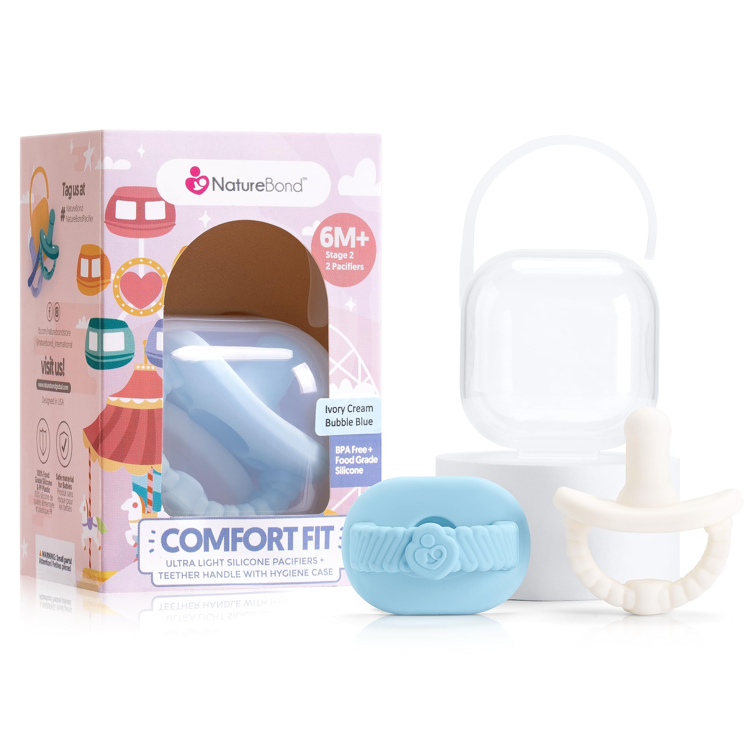 NatureBond Baby Pacifier Dummy Soother Silicone Binky Newborn Teether Pacifiers 2 in 1, Ultra-Light, Curved for Comfort | Hygiene Cover | (6 Months Above, Bubble Blue and Ivory Cream)