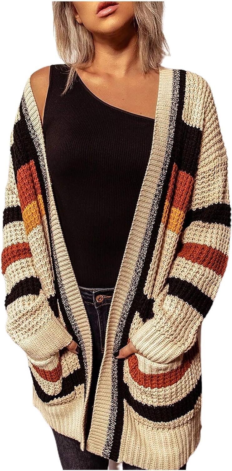 Women's Baggy Cardigan Color Strip Print Open Front Long Sleeve Coat