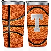 Onebttl Personalized Basketball Gifts for Teen Boys, Men, Coaches, 20oz Stainless Steel Tumbler with Laser Etched Initials for Basketball Players, Lovers, Orange - T
