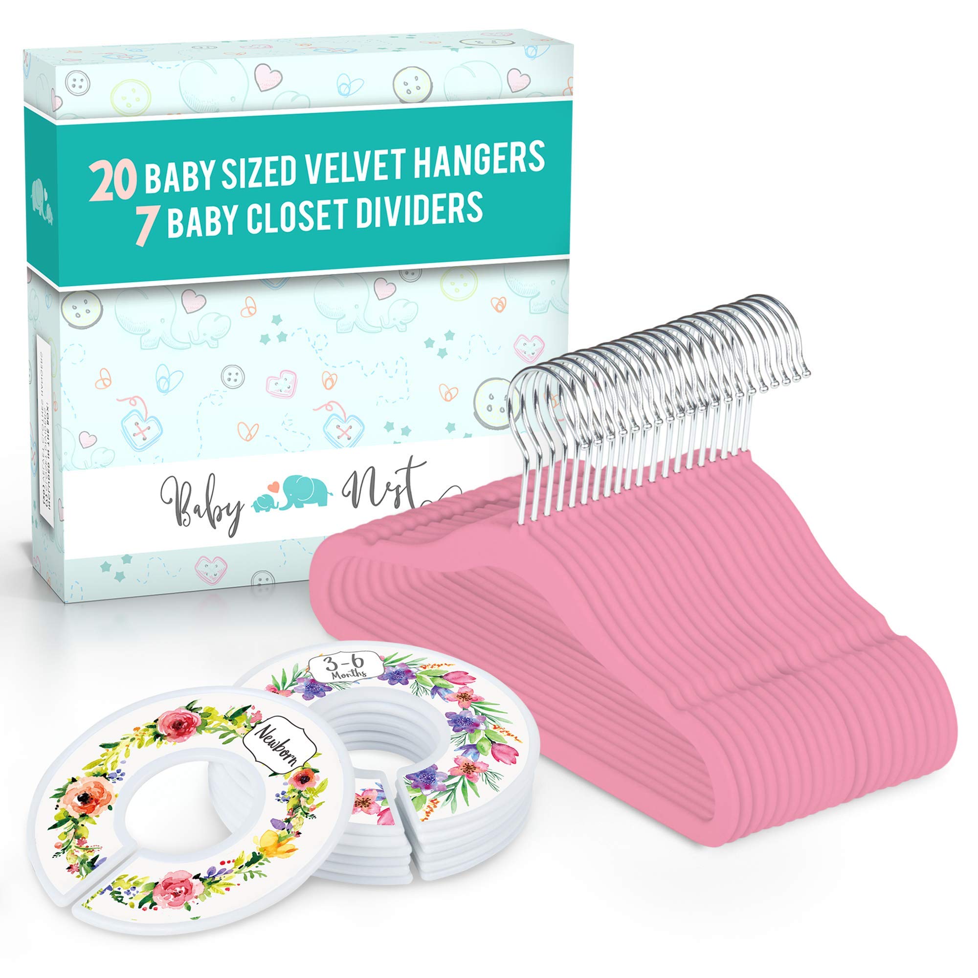 Baby Hangers and Floral Wardrobe Dividers - Nursery Closet Organizer with 7X Baby Size Dividers (Infant Newborn Clothing to 24 Months) and 20x Velvet Hangers for Baby Clothes