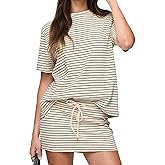 KFUBUO Women's 2 Piece Striped Mini Skirt and Top Set Short Sleeve T Shirt Matching Skort Sets Casual Summer Outfits