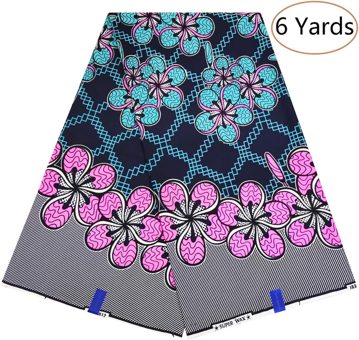 Dexuelan African Ankara Super Wax Print Fabrics 6 Yards 100% Cotton Fabric for Sewing Dress Clothing Designs (Dark Blue)