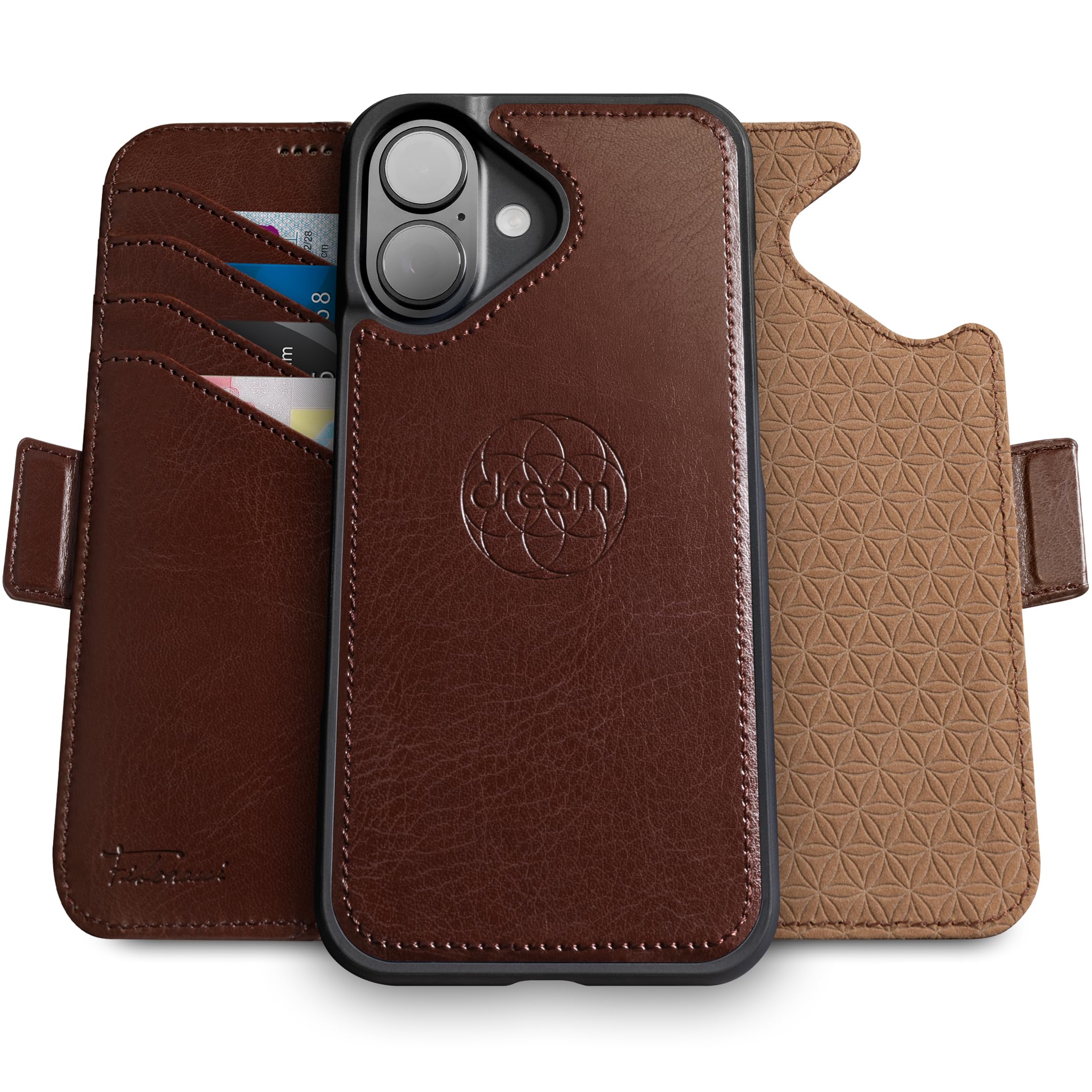 dreem Wallet Case for iPhone 16, Revolutionary Vert/Hor Phone Stand, Magnetic Detachable Vegan Leather Flip Cover RFID Blocking Card Holder, MagSafe-Fit, Gift Box [Fibonacci: Coffee]