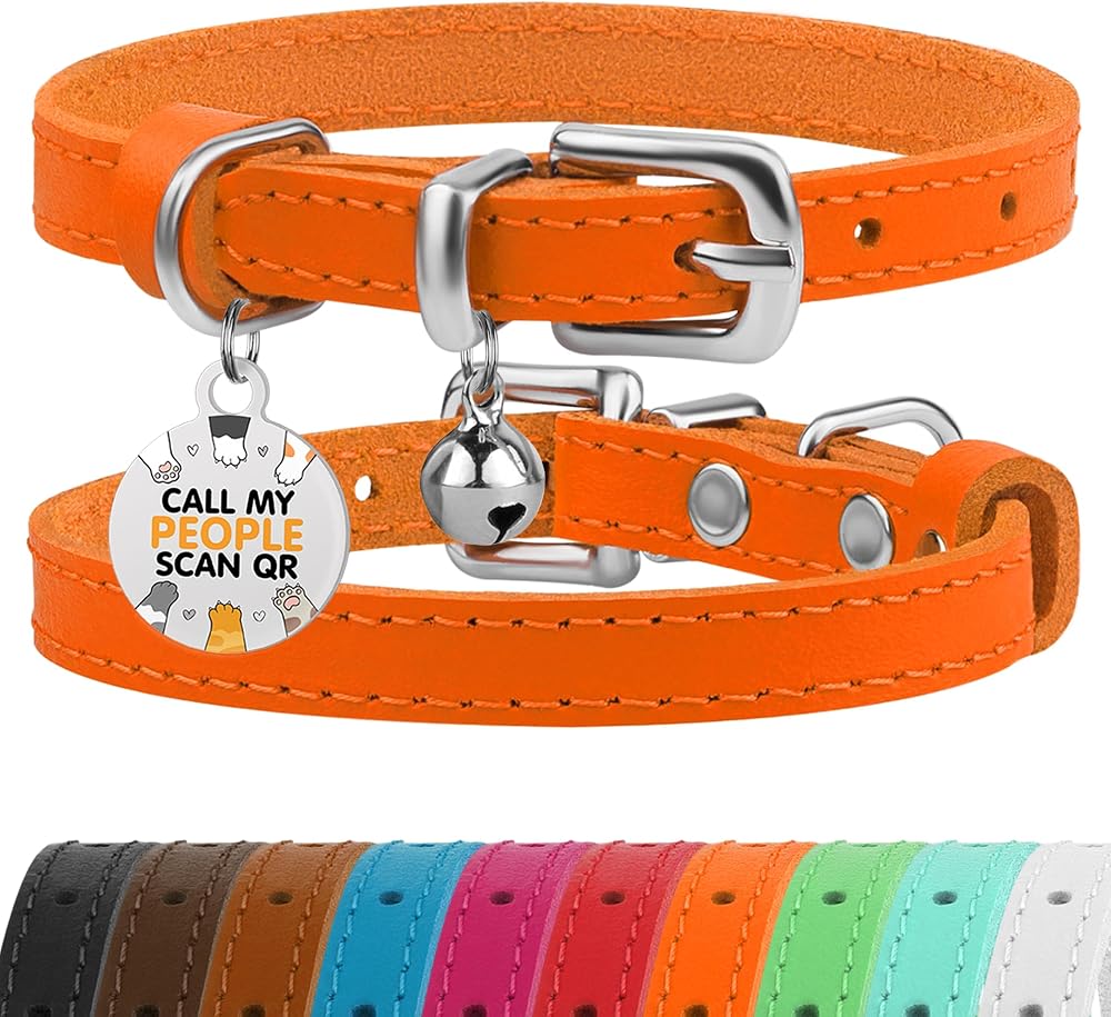 BRONZEDOG Leather Cat Collar with Removable QR-ID Tag 18-22 cm Orange