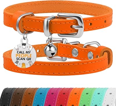 BRONZEDOG Leather Cat Collar with Removable QR-ID Tag 18-22 cm Orange