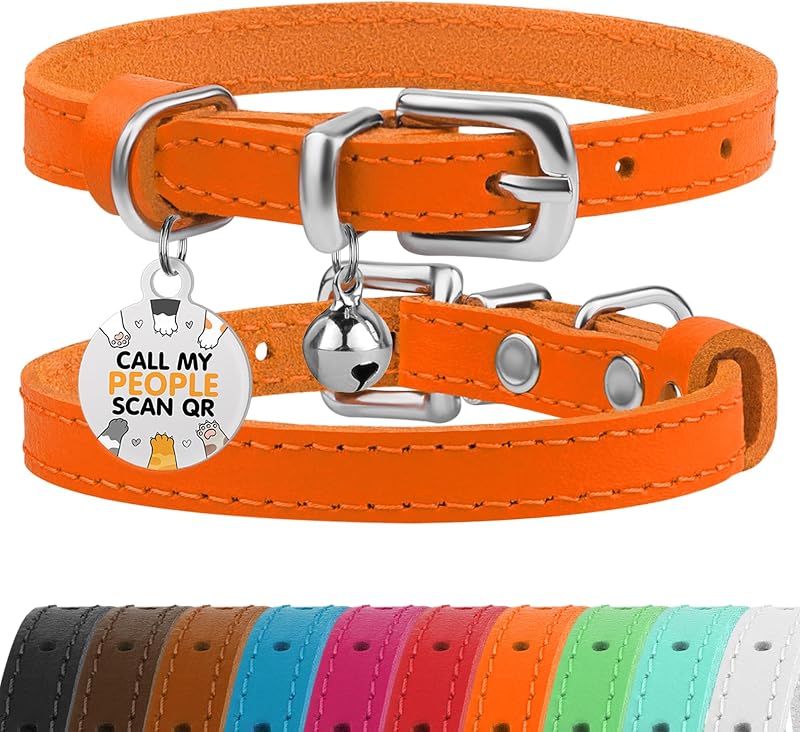 BRONZEDOG Leather Cat Collar with Removable QR-ID Tag 18-22 cm Orange