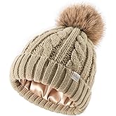 YANIBEST Womens Winter Beanie Hat Satin Lined Knitted Beanie Hat Warm Soft Ski Cuff Cap with Pom Pom