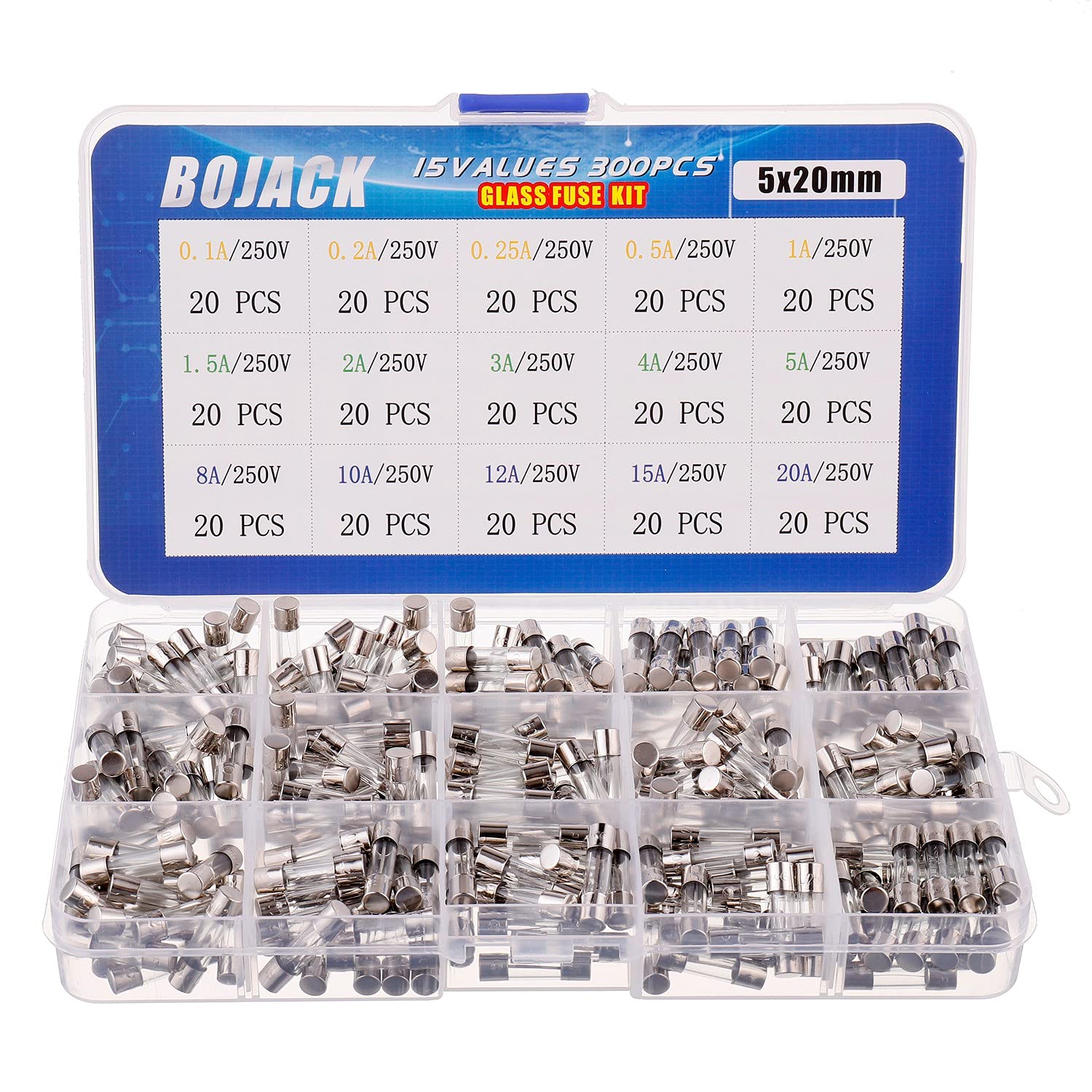 BOJACK 15 Values 300pcs Fast-blow Glass Fuses Assortment Kit 5x20mm 250V 0.1 0.2 0.25 0.5 1 1.5 2 3 4 5 8 10 12 15 20A packag in a clear plastic box