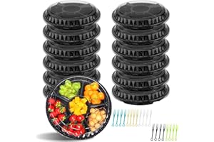 KVITTRA 12 Pack Round Plastic Veggie Tray with Lid, Fruit Tray 6/5/3 Divided Compartment Container Food Serving Dip Platter Reusable Catering Trays for Veggie Fruit Snack Party and Buffet Trays