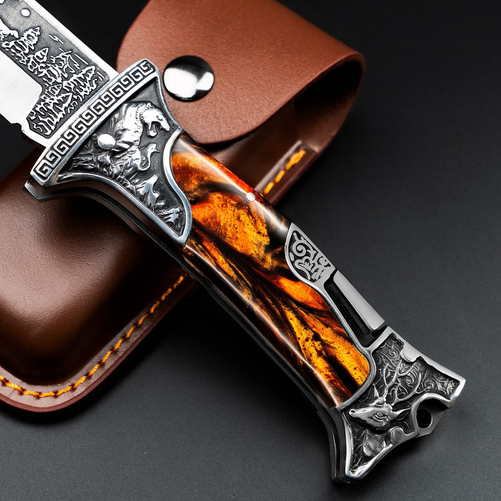NedFoss TIGER-ROAR Zweihandmesser, Legale mitführbares Taschenmesser, 10cm Klappmesser mit Holster, Schwere EDC Messer mit Gürtelclip, Scharfes Zweihand Klappmesser Outdoor für Sammlung & Geschenke 3