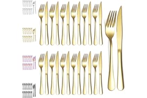 Evanda Gold Steak Knives Set 24 Piece, Gold Titanium Plating Stainless Steel 12 Dinner Forks and 12 Dinner Knives Set, Steak 
