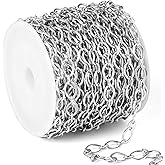 33 FT Stainless Steel Oval Cable Chains Roll, 6.5mm 304 Stainless Steel Textured Flat Cable Link Chain Bulk Spool for Jewelry Making DIY Craft