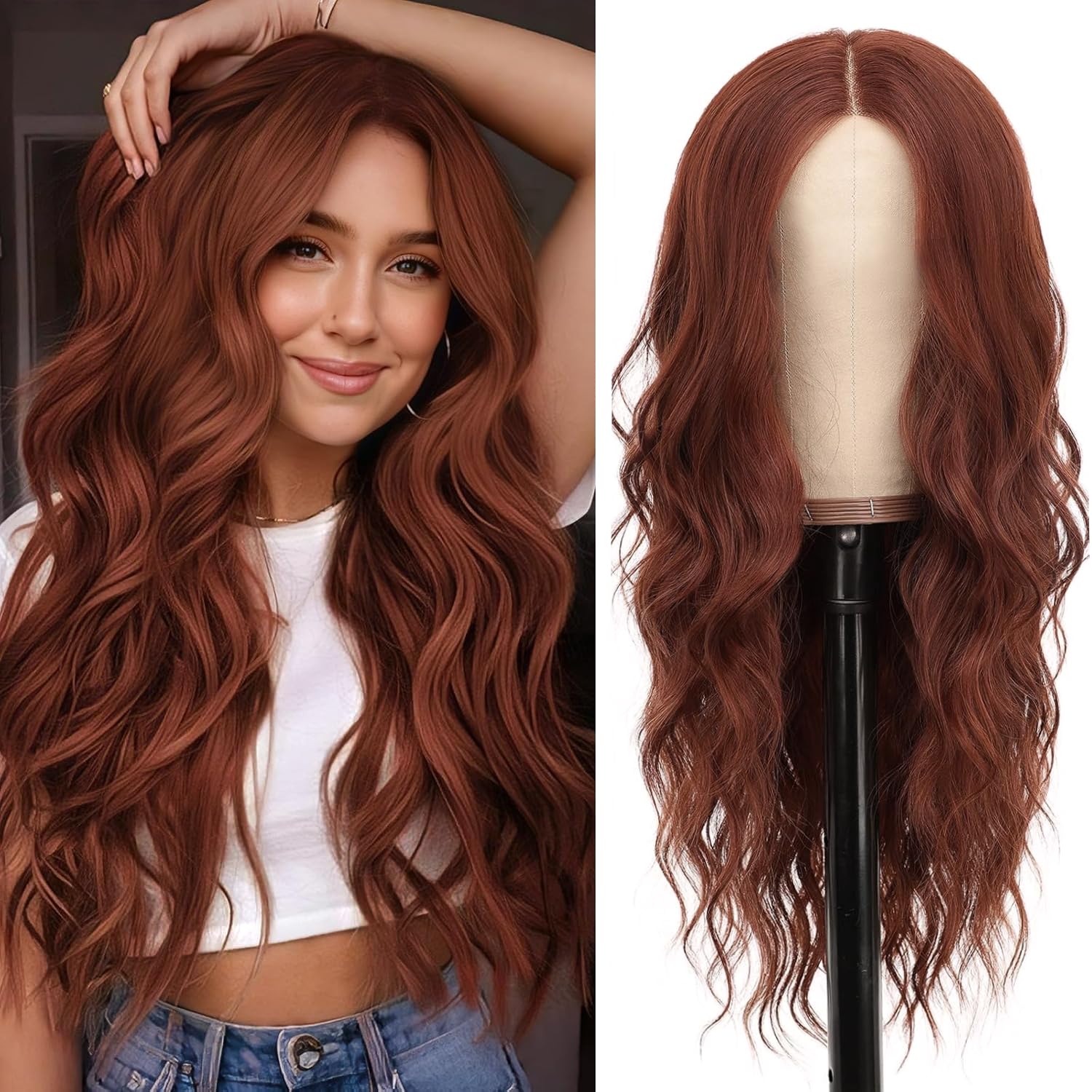 PORSMEER Long Reddish Brown Wigs for Women with Middle Part Natural Looking Loose Wave Wig Heat Resistant Synthetic Hair Auburn Wig for Ladies Daily Wear or Party,26inch