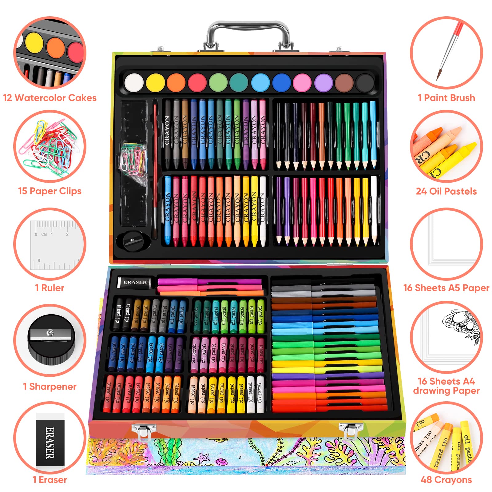Soucolor Arts and Crafts Supplies, 183-Pack Drawing Painting Set for Kids Girls Boys Teens, Coloring Art Kit Gift Case: Crayons, Oil Pastels, Watercolors Cake, Colored Pencils Markers, Sketch Paper