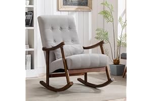 Bonzy Home Modern Rocking Chair Nursery, Comfy Button-Tufted Fabric Rocker Glider Arm Chair for Nursery, Upholstered Lounge Living Room Bedroom Reading Chairs for Mom, Gift, Lumbar Pillow, Light Gray