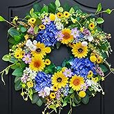 Pinkpuii Spring Wreaths for Front Door Outside- 24 Inch Spring Summer Wreath with Sunflowers,Lifelike Blue Hydrangea Flower Wreath for Indoor Outdoor Mantel,Window,Wall,Home Firplace Hanging Decor