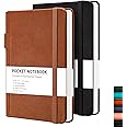 RETTACY Pocket Journal Notebook, 2-Pack, 160 Numbered Lined Pages per Pack, A6 Mini Small Size (3.5" × 5.5"), for Work, Journaling, Leather Hardcover, 100 GSM Thick Paper (Black & Brown)