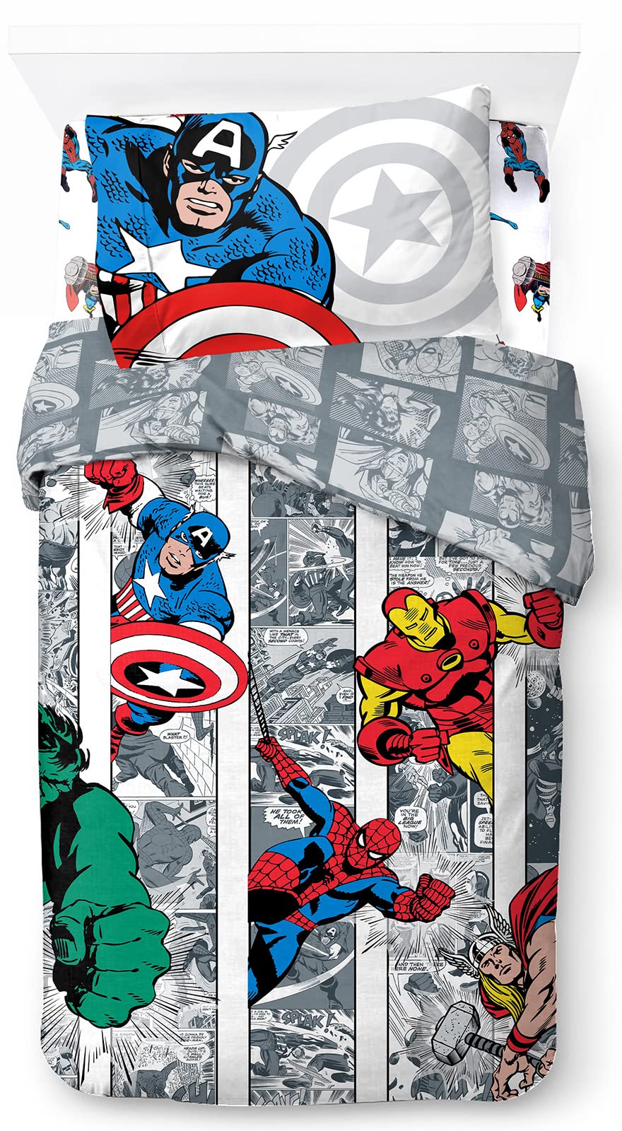 Jay Franco Marvel Comics Avengers Comic Cool 100% Cotton 3 Piece Single Bedding Set - Includes Duvet Cover, Fitted Sheet & Pillowcase