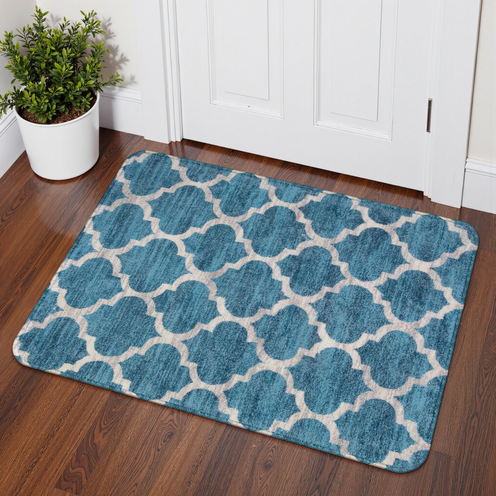 Lahome Moroccan Area Rug - 2’x3’Washable Small Entryway Accent Distressed Non-Slip Floor Carpet Rug for Door Mat Bedroom Living Room Kitchen Laundry Room Decor (2’X 3’, Blue)