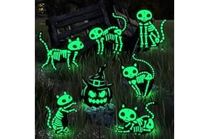 THUODO Halloween Decorations Outdoor, 7 Pack Glow in The Dark Pumpkin and Skeleton Black Cat Yard Signs, Halloween Silhouette Yard Signs with Stakes, Waterproof Outside Yard Lawn Decor for Kids Home Party