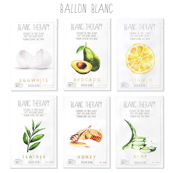 Ballon Blanc Therapy Face Moisturizer Facial Sheet Mask Infused With Aloe,TeaTree,Avocado,Vitamin,Honey & EggWhite 6 Nutritional Essence Face Masks best sheet masks