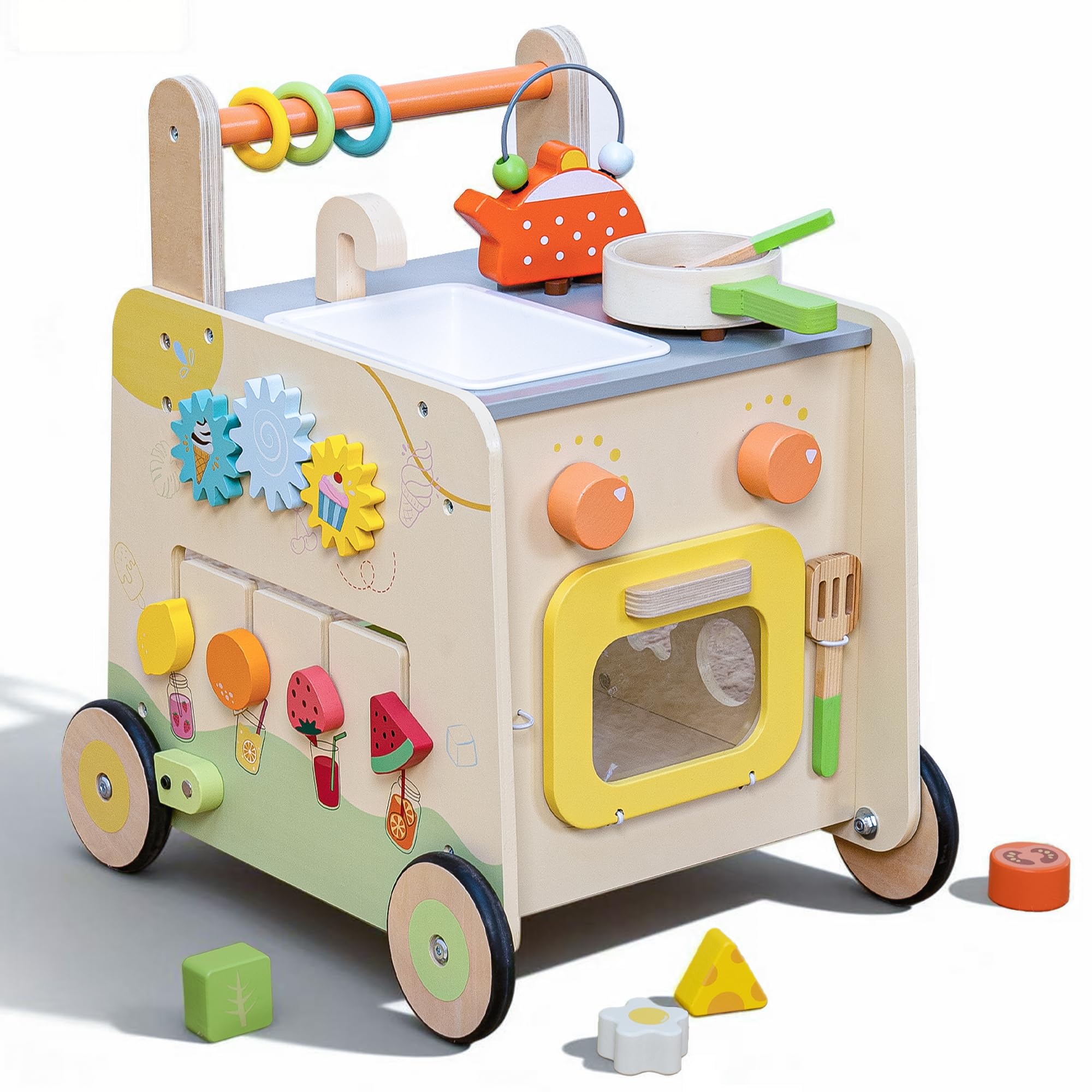 Photo 1 of Wooden Baby Walker 3-in-1 Push Toy for Toddlers, Montessori Sensory Activity Center with Pretend Kitchen, Adjustable Speed Learning Walker, Safe Wooden Toy, Ideal Gift for Boys and Girls