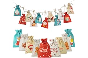 RYMILIE 24 Pieces Christmas Countdown Bag with Drawstrings Small Christmas Gift Goody Bags for Xmas Holiday New Year Party Favors Supplies, 24 Designs Advent Calendar Bags