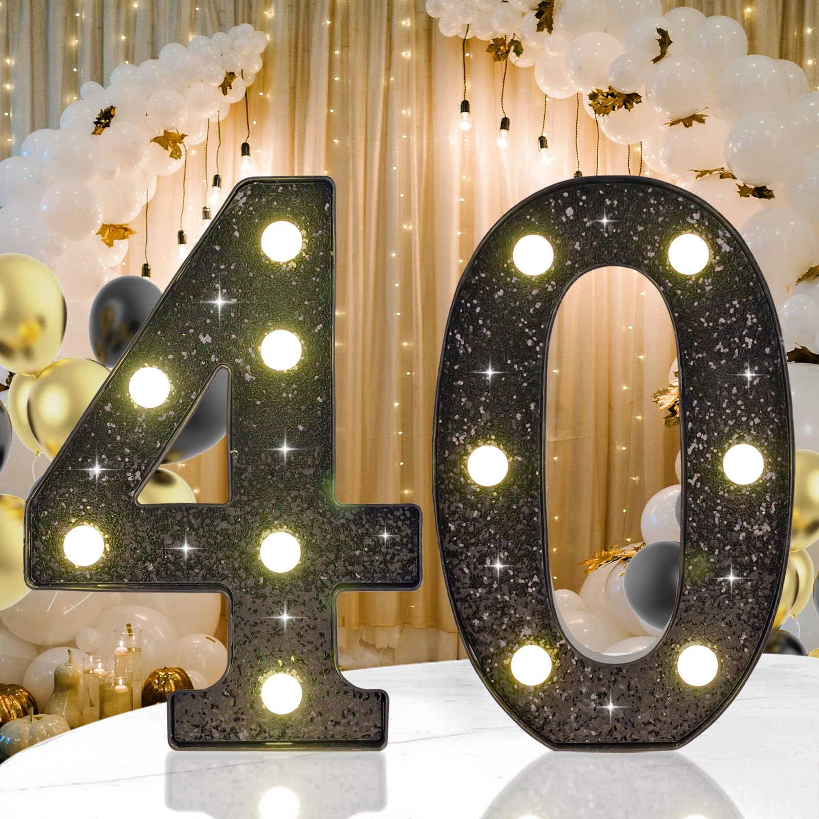 Photo 1 of 40th Birthday Decorations for Her Him, Decorative LED Light up Numbers for 40th Birthday Party, Glitter Black Marquee Number for for 40 Wedding Anniversary
