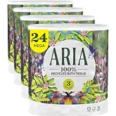 Aria 100% Recycled Toilet Paper, 24 Rolls, 3-Ply Soft Bath Tissue, Paper Packaging