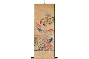 CIFIBIFUN Koi Fish Wall Japanese Art Painting Poster, Feng Shui Yin Yang Paper Wooden Bar Framed Nine Fishes Zen Design for Home Entryway Asian Sushi Restaurant Decor (Asian yin yang, Large 17x33inch)