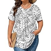 LIXHULT Womens Plus Size Tops Tunic Short Sleeve Round Neck Shirts Pleated Dressy Casual Soft Blouse 1X-5X
