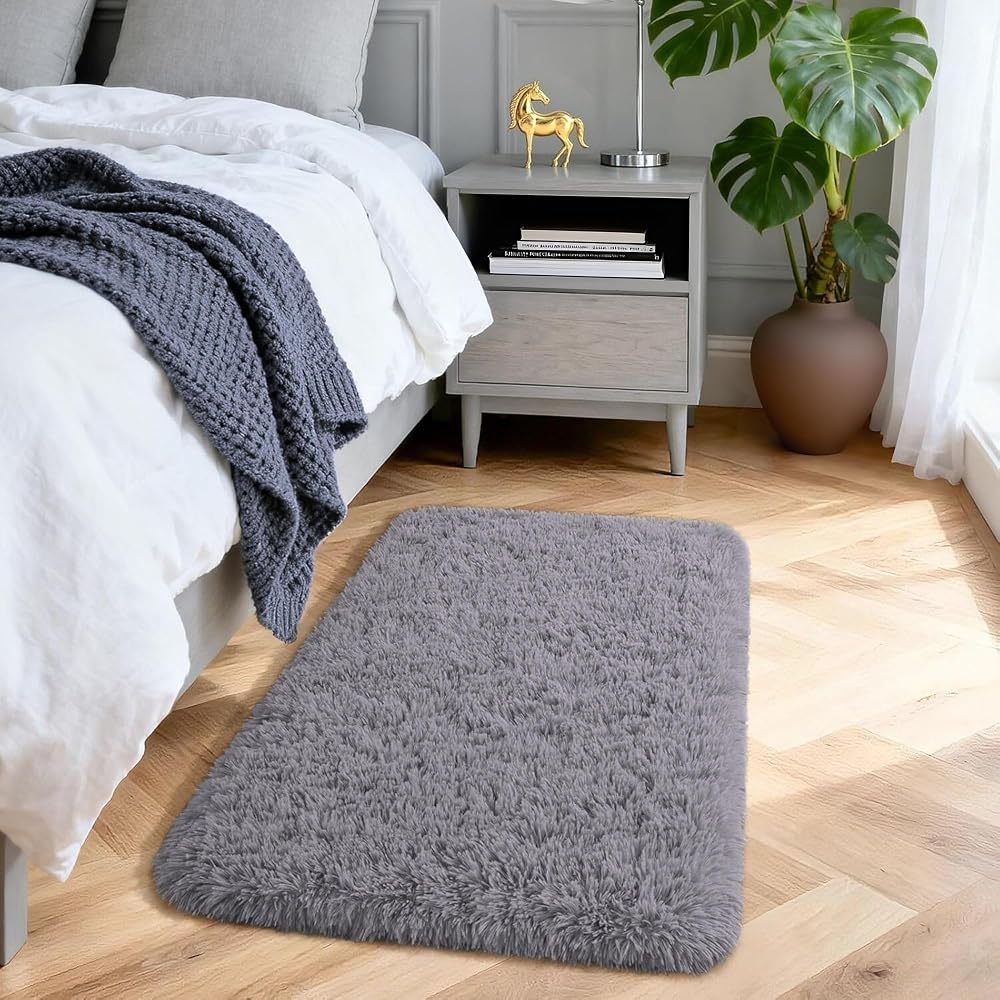 Aspire Homeware Grey Area Rug 50x80cm Non Slip Shaggy Thick Pile