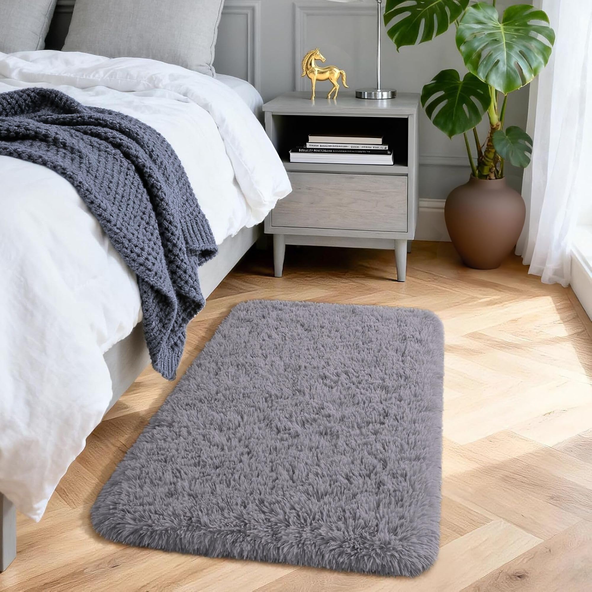 Aspire Homeware Rugs Living Room - Grey Area Rugs for Bedroom Anti Slip - Modern Super Soft Thick Pile Small Fluffy Shaggy Rug Non Shedding, 50cm x 80 cm — image 1