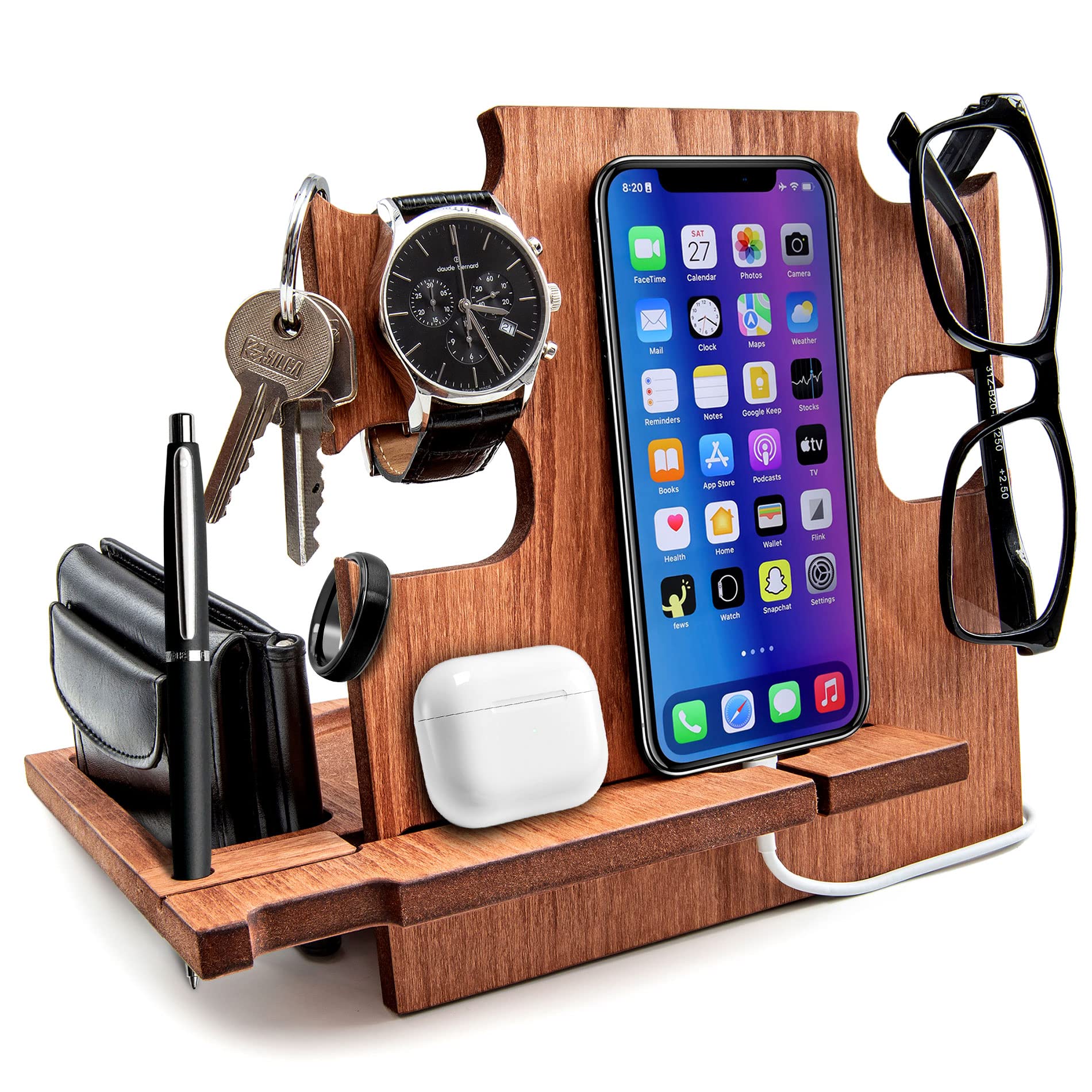 Greta Oto Wooden Desk Organizer, Docking Station for Men - Nightstand Holder, Smartphone Stand, Walnut Color