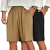Ficerd 2 Pack Men's Big and Tall Linen Bermuda Shorts, Summer Casual Elastic Waist Flat Front Beach Shorts Pants with Pockets