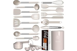 OANNAO Large Silicone Cooking Utensils Set - Heat Resistant Kitchen Utensils,Turner Tongs,Spatula,Spoon,Brush,Whisk,Stainless Steel Silicone Cooking Tool for Nonstick Cookware,Dishwasher Safe (Khaki)