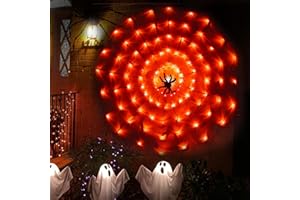 Kemooie Halloween 3.25ft Spider Web with 80 LED and 1 Hairy Spider, 3 Mode Lights Up Cobweb Halloween Decorations for Outdoor Indoor Outdoor Window Wall Garden Patio Yard Decor(Orange)