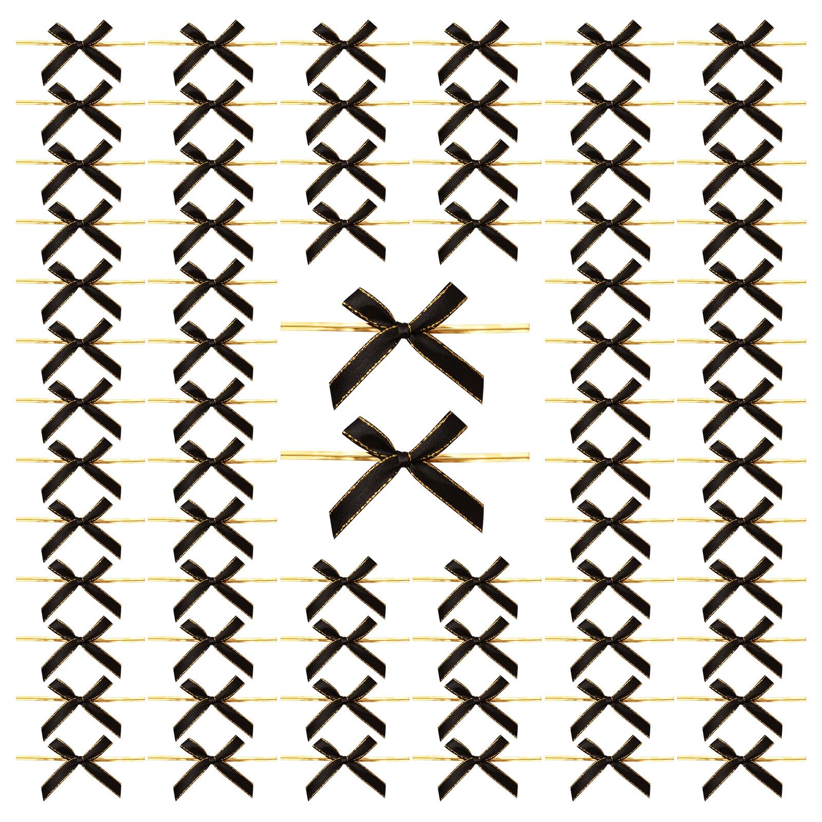 WANDIC Black Small Bows, 200Pcs Satin Twist Tie Bows with Golden Lace Christmas Halloween Mini Bow Pretied Bows for Gift Package Craft Candy Cookie Cake Wrapping