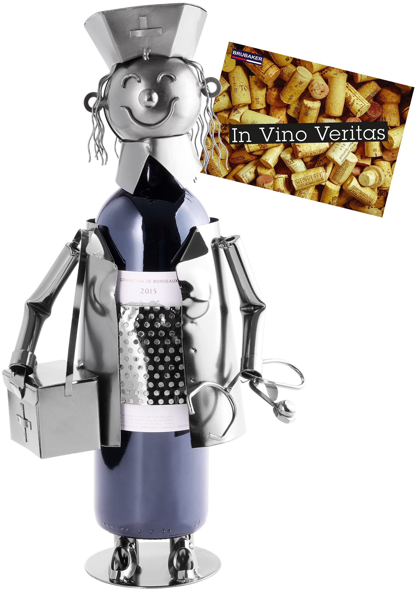 BRUBAKER Wine Bottle Holder Nurse - Metal Sculpture Bottle Stand - 9.1 inches - Wine Gift Also for Health Care Nurse - with Greeting Card