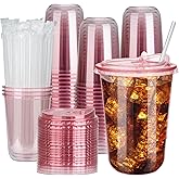 100 Sets 16oz Disposable Stemless Plastic Cups with Strawless Sip Lids, Clear PET Coffee Cups for Iced Coffee, Smoothies, Cold Drinks, Halloween, Christmas, Party and Drink Shop Supplies (Pink (16oz))