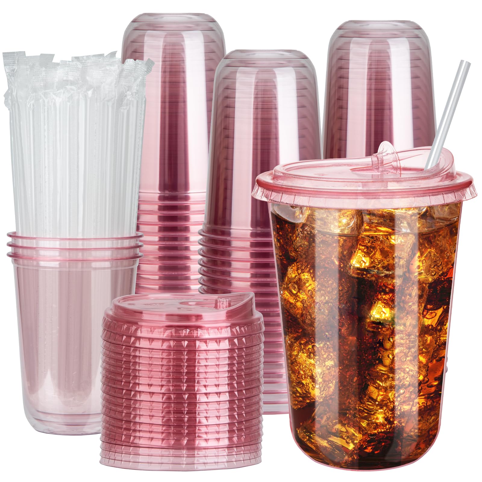 Photo 1 of 100 Sets 16oz Disposable Stemless Plastic Cups with Strawless Sip Lids, Clear PET Coffee Cups for Iced Coffee, Smoothies, Cold Drinks, Halloween, Christmas, Party and Drink Shop Supplies (Pink (16oz))