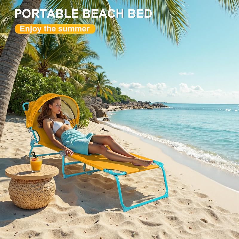 Confezione da 2 poltrone da spiaggia con baldacchino, regolabile in 4 posizioni, sedia abbronzante pieghevole per esterni, resistente, per piscina, patio, prendere il sole, prato, UPF 50+