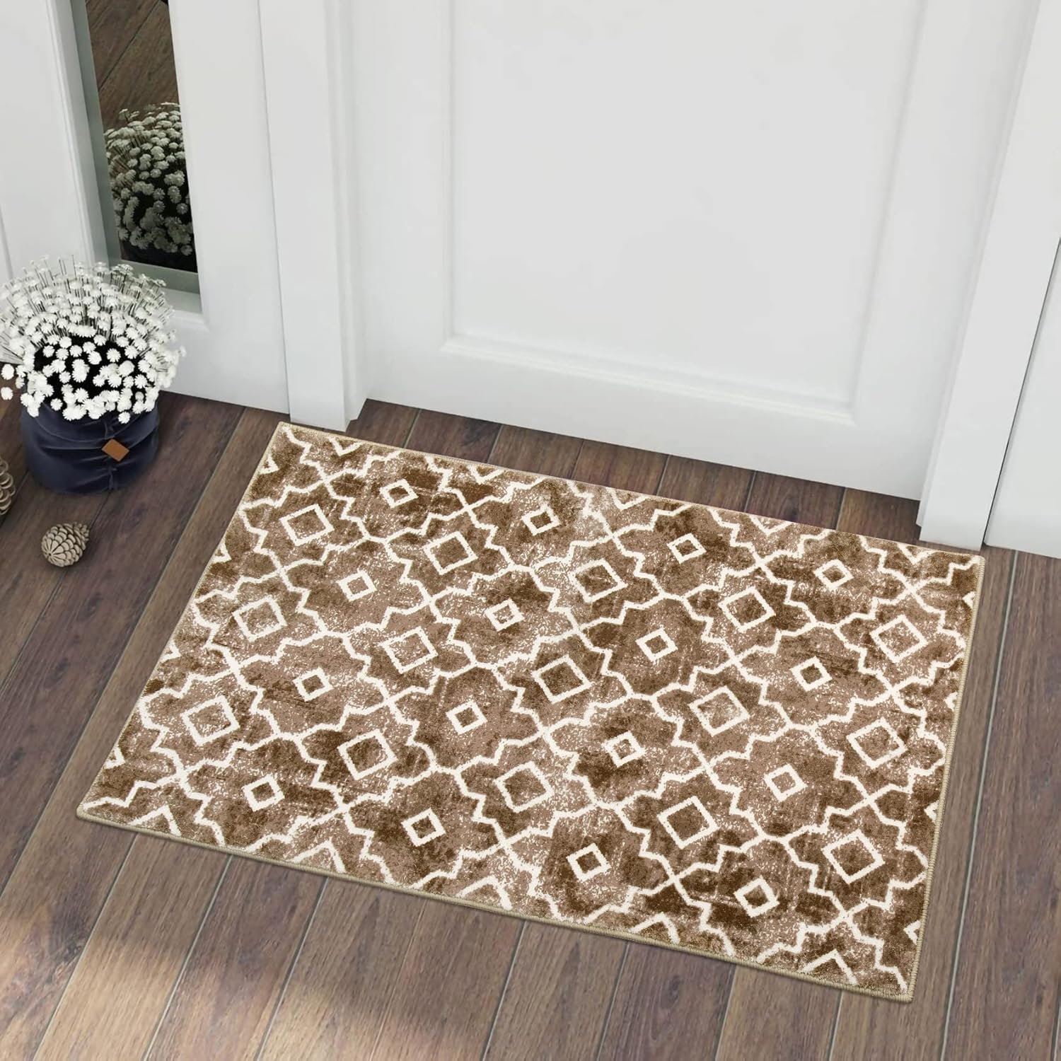 Rugs, Pads & Protectors - Wonnitar Moroccan Washable Area Rug - 2x3 Brown Small Rug for Entryway Distressed Non-Slip Bathroom Throw Mat Modern Geometric Trellis Accent Rug Soft Indoor Carpet for Kitchen Sink Dorm
