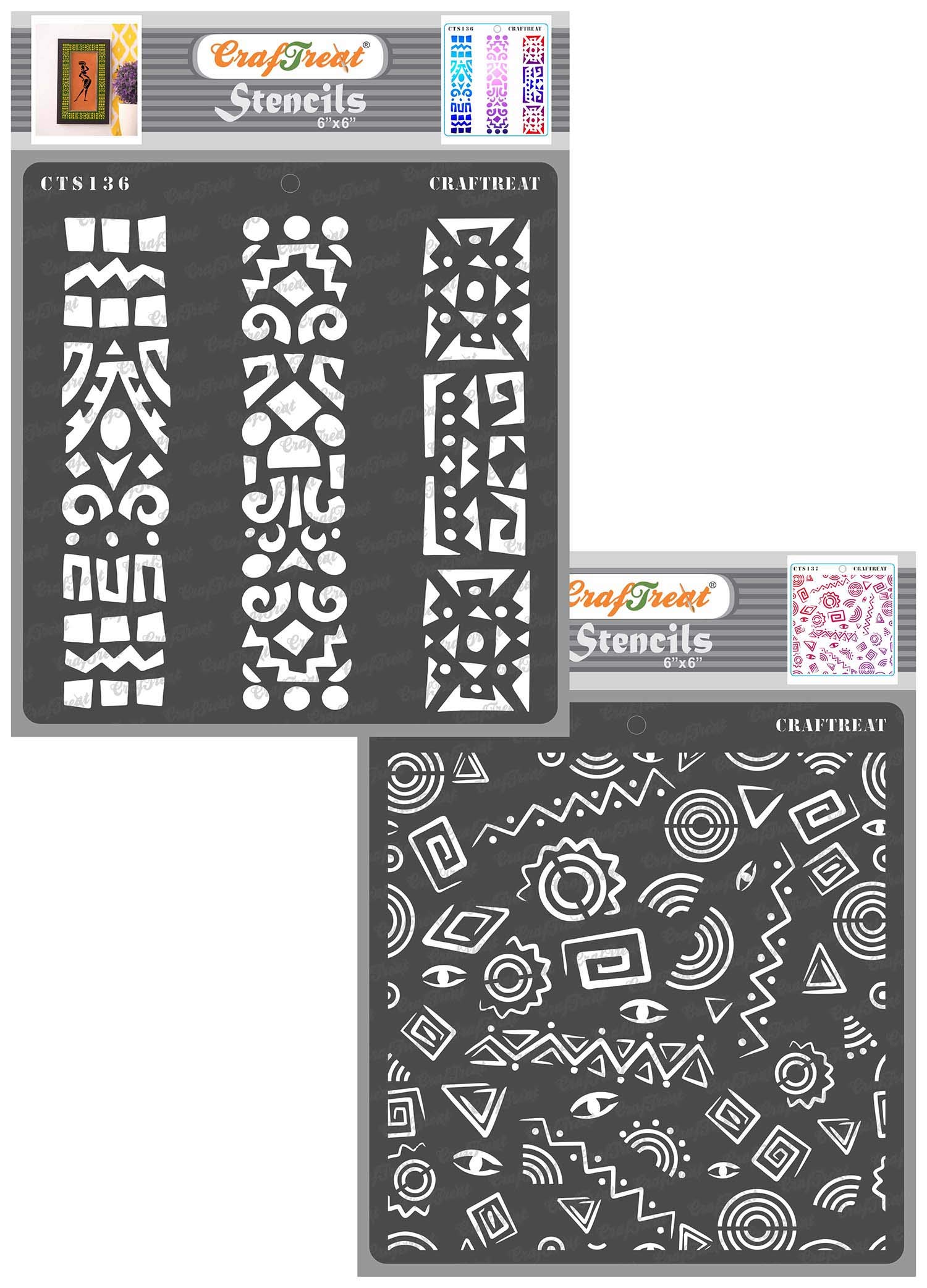 CrafTreat Reusable Tribal Stencils for Painting on Wood, Wall, Tile, Canvas, Paper, Fabric and Floor - Folk Art Borders and Folk Art Background - 2 Pcs - 6x6 Inch Each - DIY Art and Craft Stencils