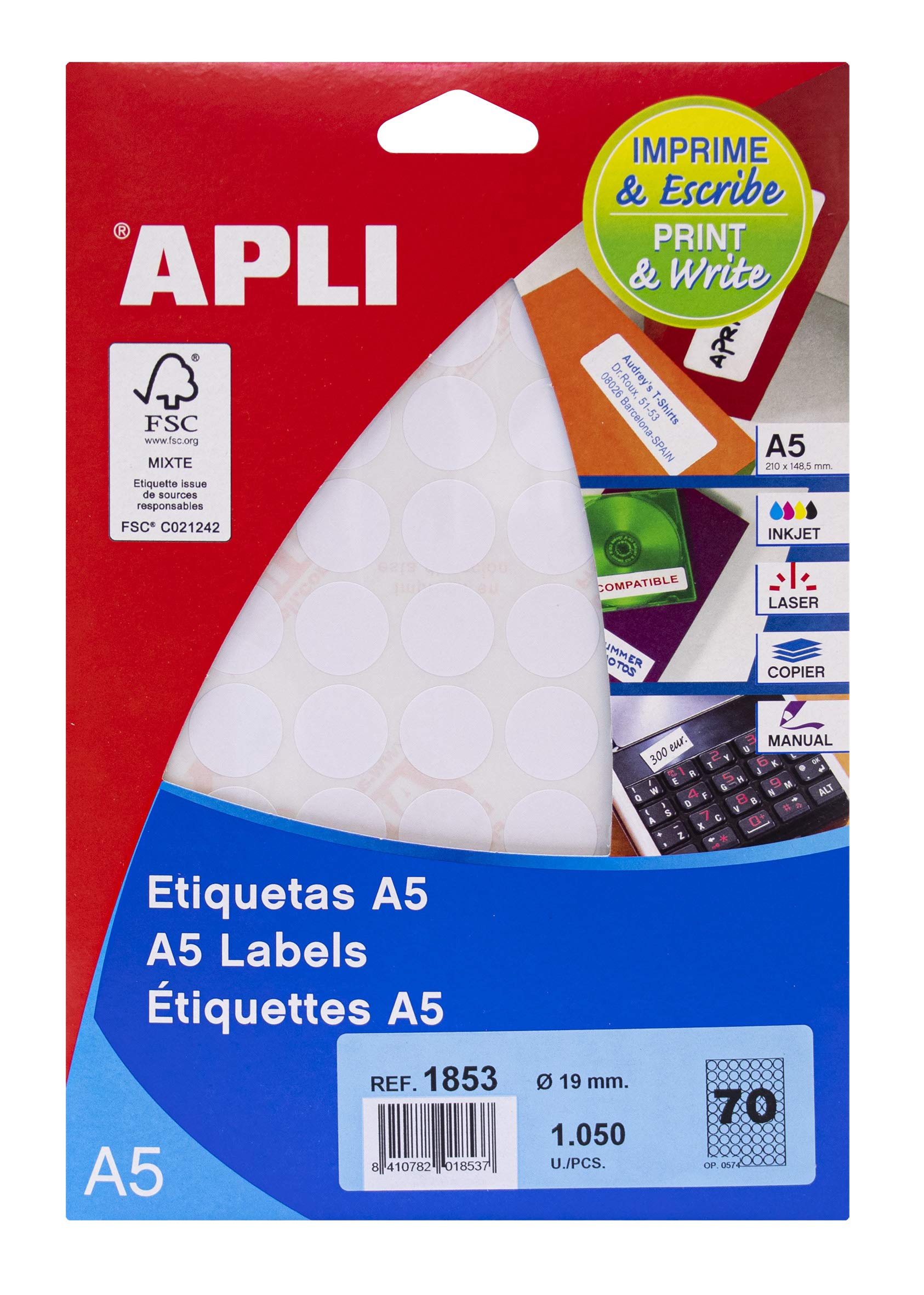 APLI 1853 – A5 White Labels Ø 19 mm 15 Sheets