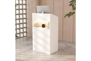AIEGLE Small Reception Desk, Checkout Counter, Modern Front Office Desk, 23.2" W White Reception Table with 3-Color LED Lights, Cable Grommet & Storage Shelf for Salon Lobby Shop
