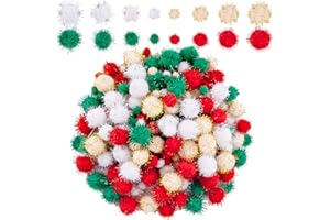 BQTQ 1500 Pieces Christmas Pom Pom Balls Glitter Tinsel Pom Pom for Craft Making and Christmas Decorations (4 Sizes, Gold, White, Green, Red)